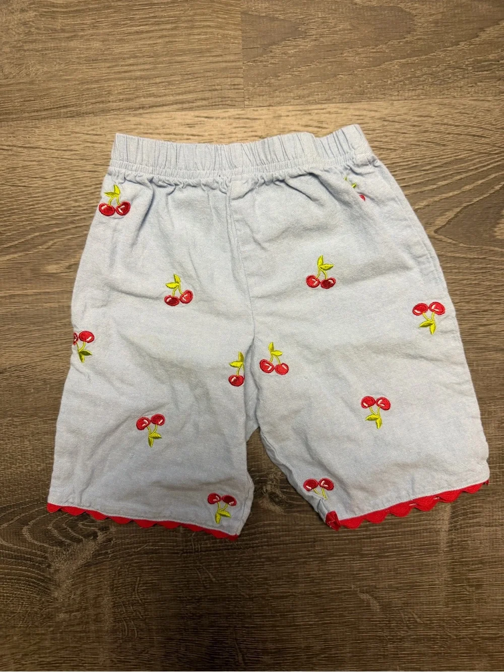 miniwear Light Blue Cherry Embroidered Shorts with Red Trim